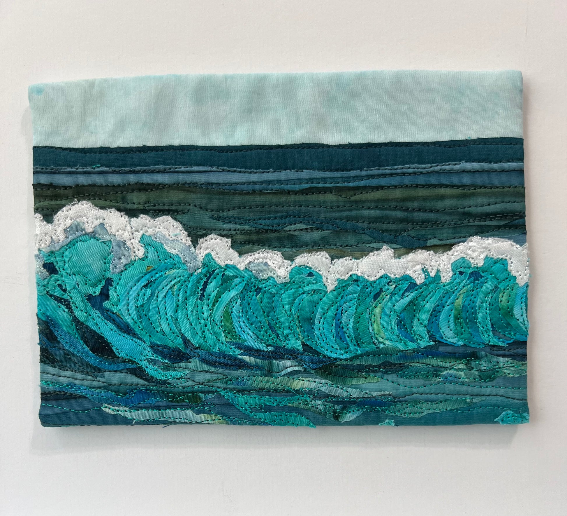 Mini wave, ocean art, textile art seascape, small fiber art seascape, 5”x7” fabric collage
