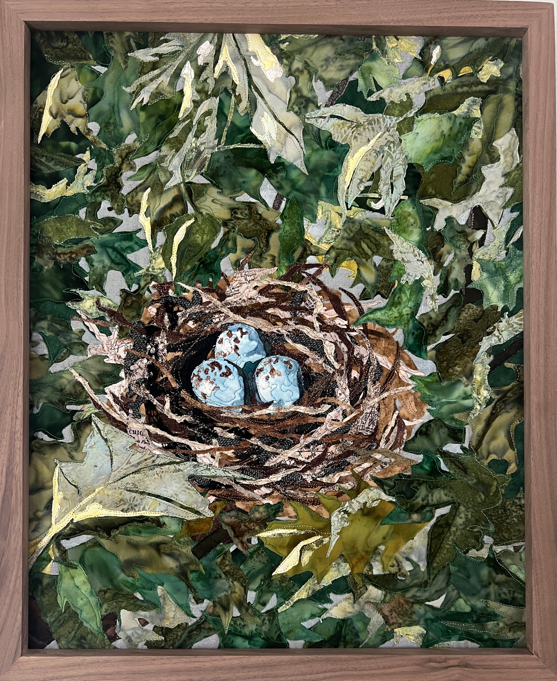 Nest art quilt, nest fabric collage, textile art bird eggs, blue eggs art, fabric collage eggs