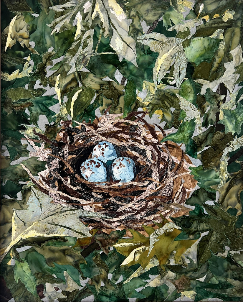 Nest art quilt, nest fabric collage, textile art bird eggs, blue eggs art, fabric collage eggs