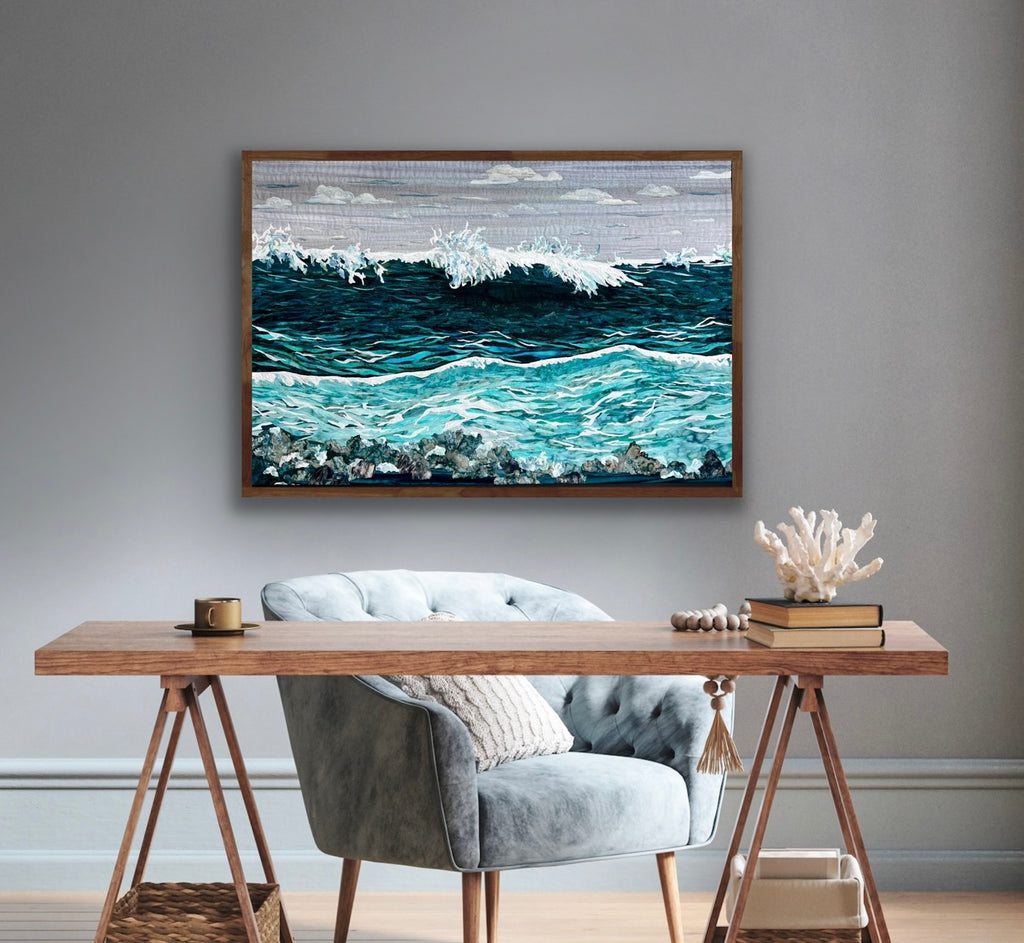 Stormy ocean textile art in office