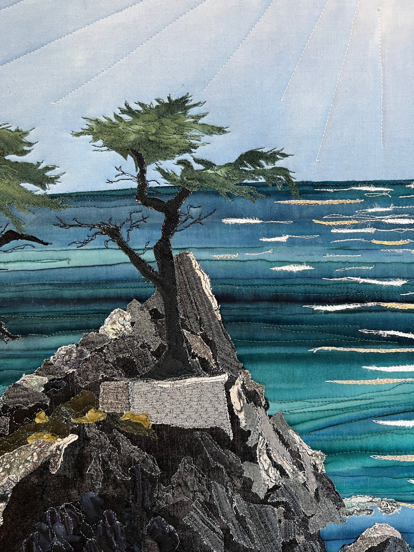 detail image of textile art , ocean textile art, The Lone Cypress art
