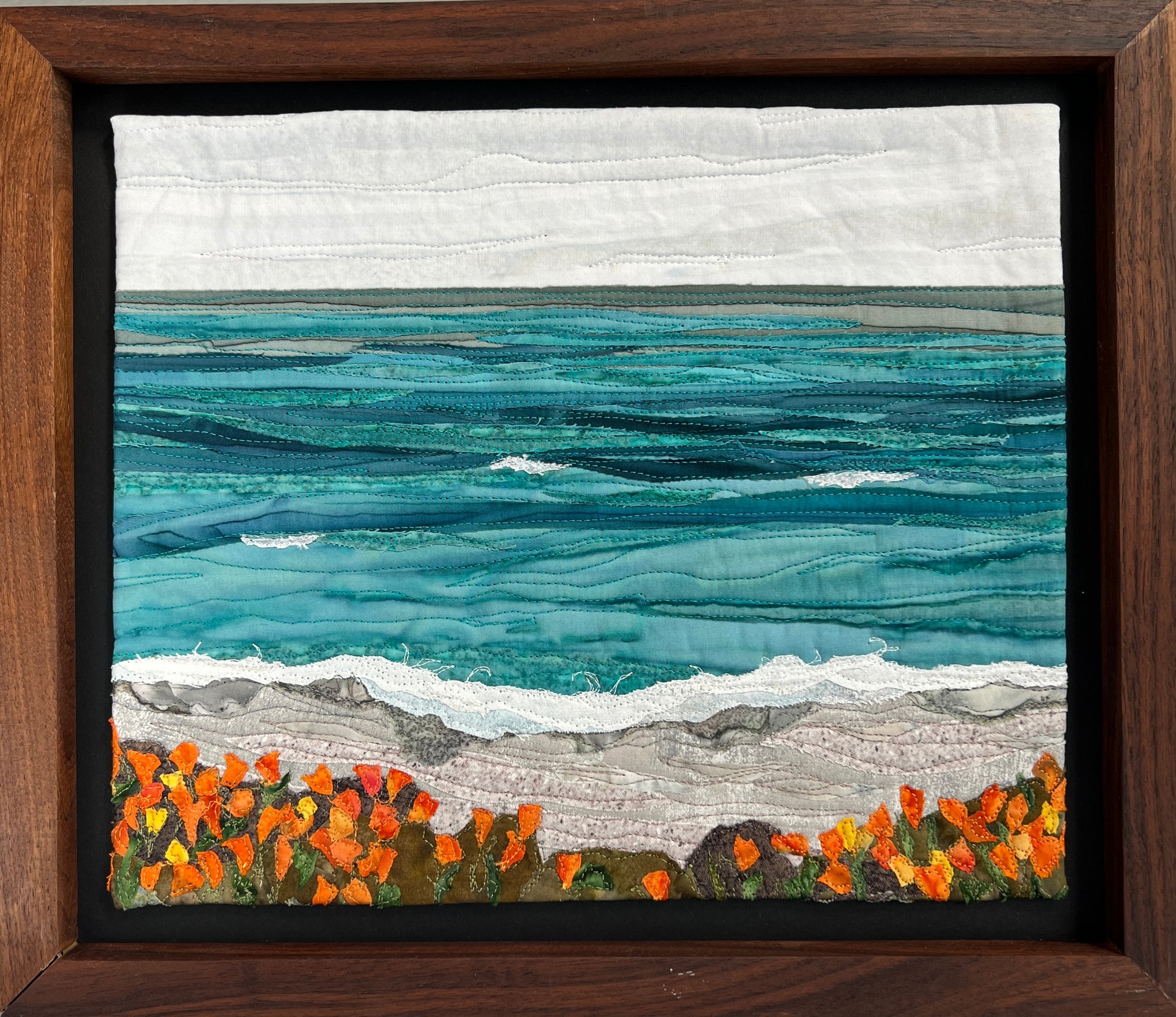 Ocean fiber art with poppies, Textile Art Poppies