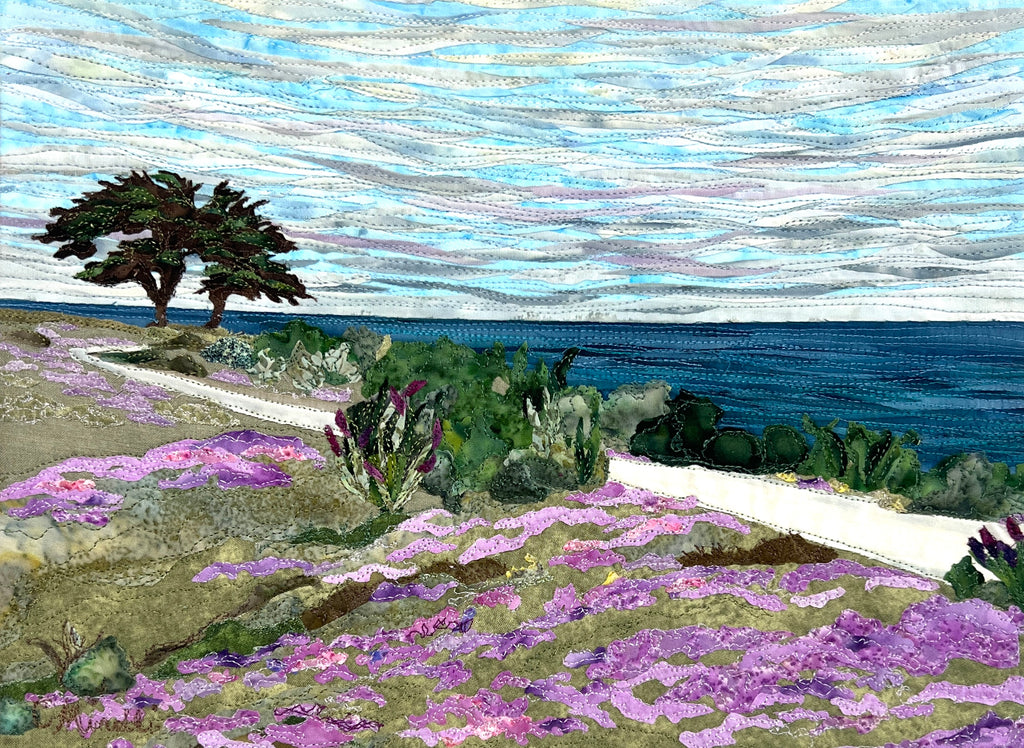 Monterey Purple Magic Carpet Flowers Artwork, Sewn Art, Textile Art