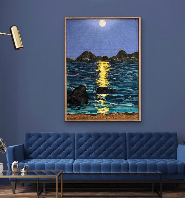 moonrise textile art framed
