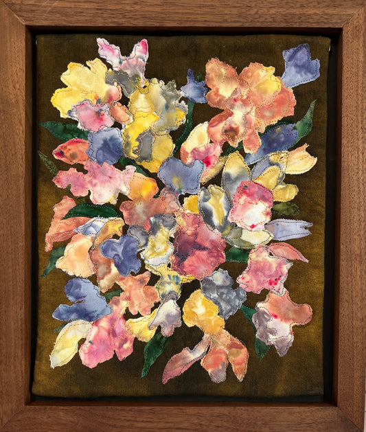 hand dyed fabric textile art floral, framed