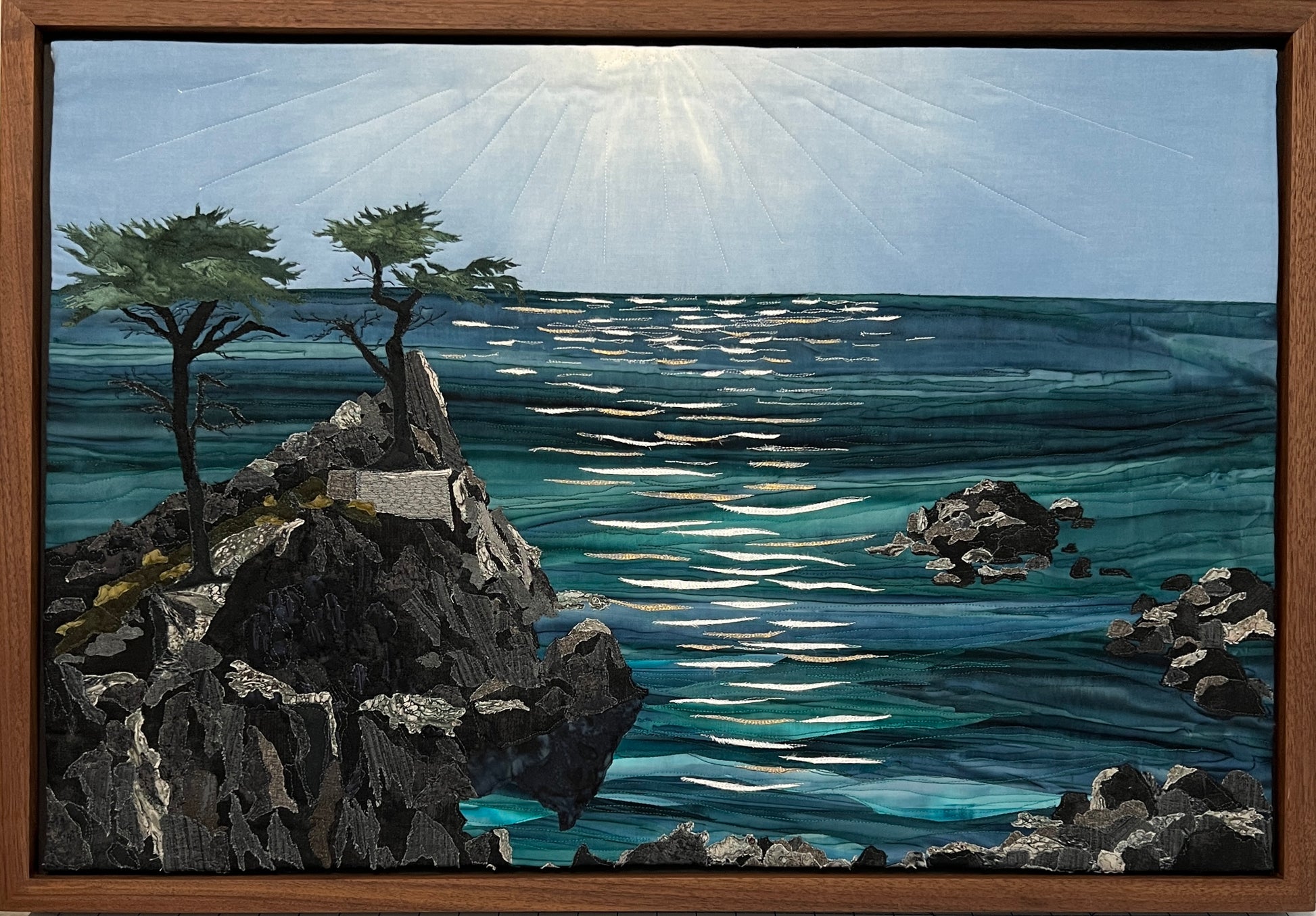 The Lone Cypress textile art, Ocean textile art framed