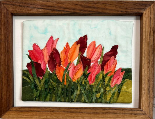 tulips textile art framed 