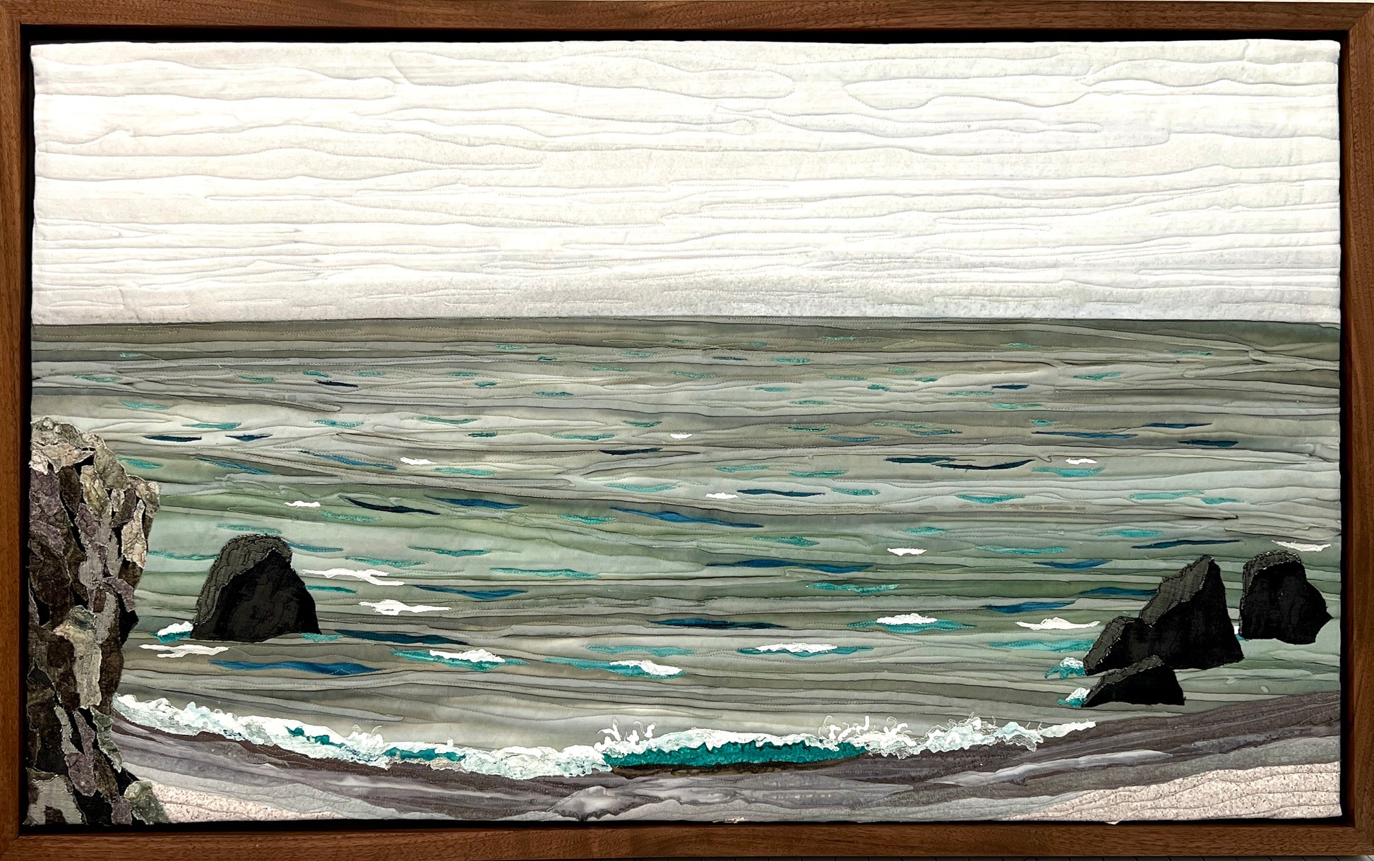 Ocean textile art, rocky seascape