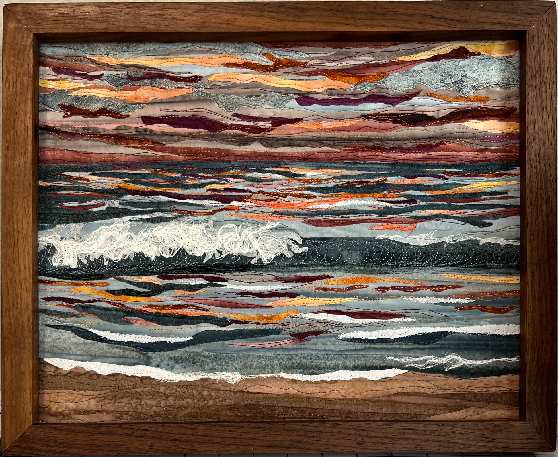 Ocean sunset textile art framed