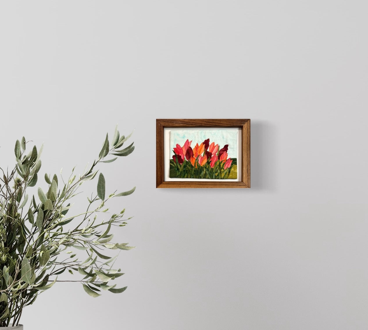 tulips textile art framed on wall