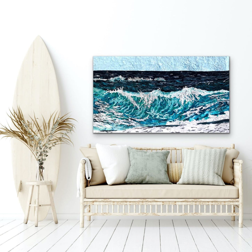 Sewn Art wall-hanging for the home or office. Ocean art, coastal interior design, fabric collage art for the home, medical office art, colorful art, relaxing art