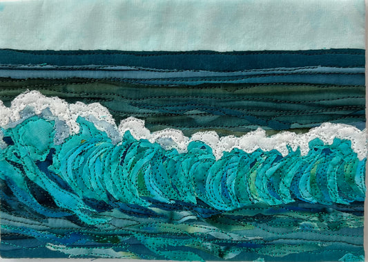 Mini wave, ocean art, textile art seascape, small fiber art seascape, 5”x7” fabric collage 