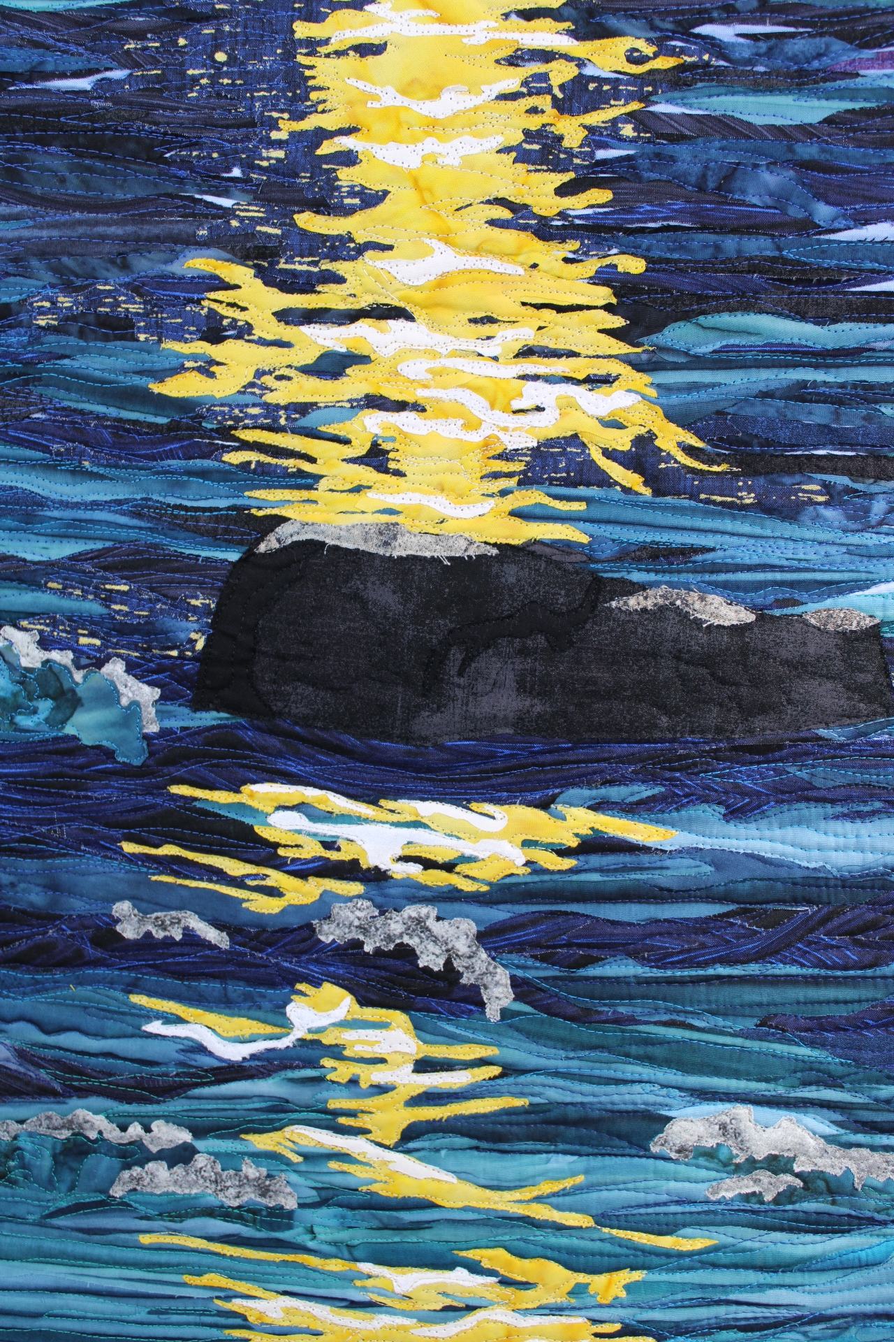 Monterey Moonrise art, Monterey textile art, fabric collage, Ocean textile art, sewn art, art for sale by artitst