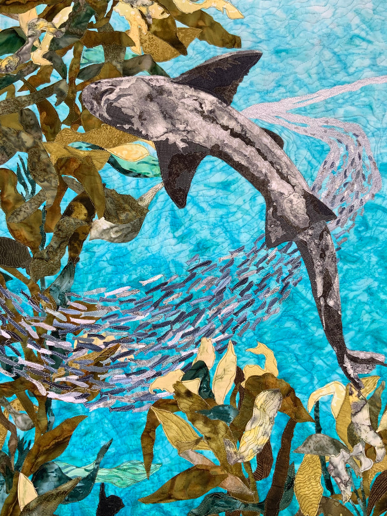 Sewn art, textile art, Monterey bay aquarium sewn art, Monterey bay aquarium shark textile art, Kelp forest art quilt, art quilt, fabric collage, pictorial sewn art