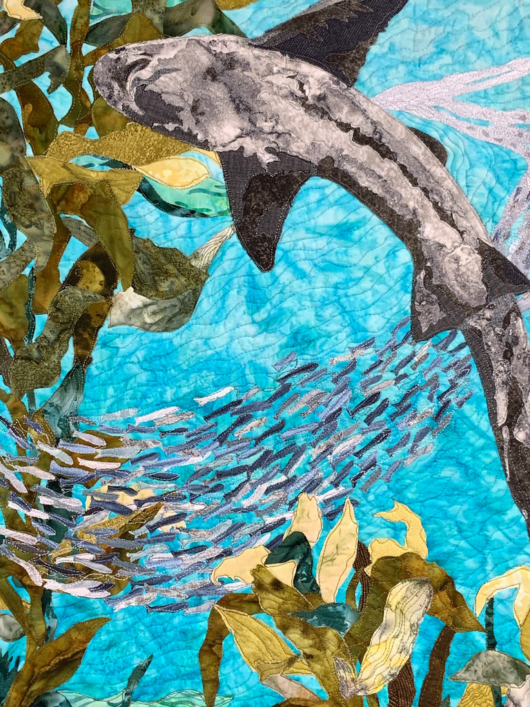 Sewn art, textile art, Monterey bay aquarium sewn art, Monterey bay aquarium shark textile art, Kelp forest art quilt, art quilt, fabric collage, pictorial sewn art