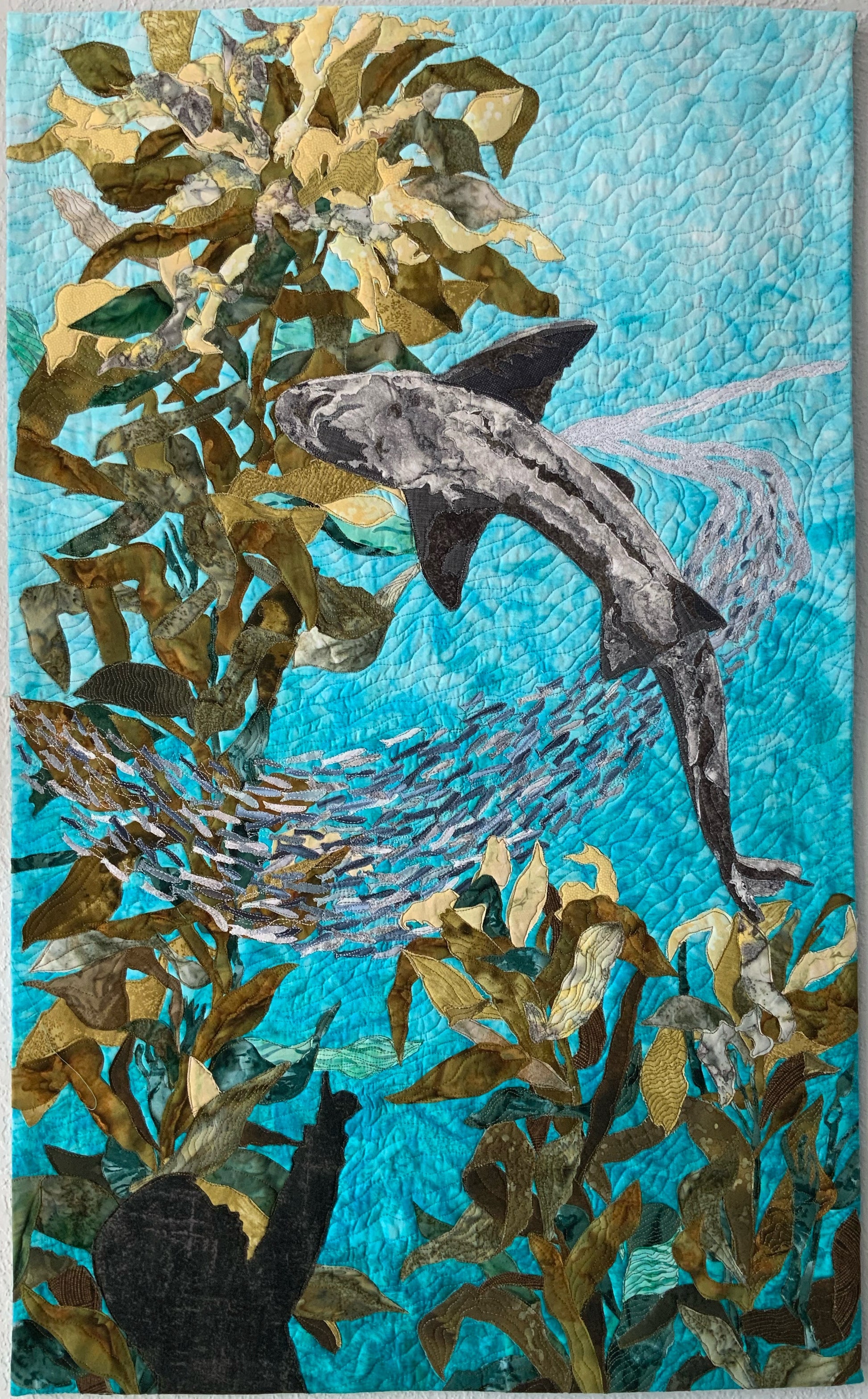 Monterey bay aquarium art, kelp forest art, kelp forest shark artwork, ocean artwork, fabric collage artwork, fabric collage shark, Monterey bay sewn art