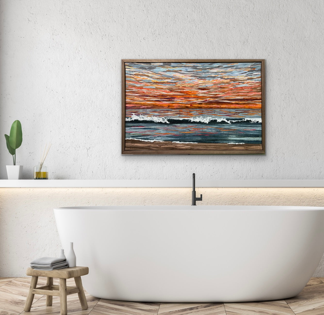 Ocean sunset textile art framed wallhanging