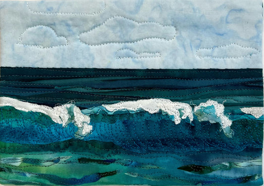 Fabric collage, ocean art quilt, ocean artwork , sewn art, coastal art, 5x7 ocean art, Sacramento artist, textile art, 