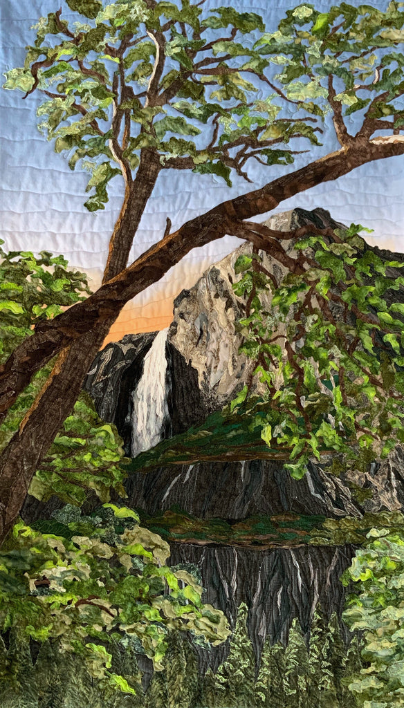 Yosemite falls fabric collage, Yosemite art, Yosemite textile art, yosemite unique art, sewn art, yosemite sewn art, yosemite art quilt, art for sale by artist , California artist, Sacramento textile artist