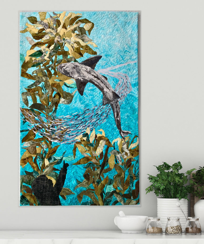 Sewn art, textile art, Monterey bay aquarium sewn art, Monterey bay aquarium shark textile art, Kelp forest art quilt, art quilt, fabric collage, pictorial sewn art